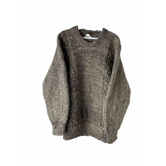 VTG 90s Hand Knit Chunky Wool Crewneck Fisherman Sweater Beige